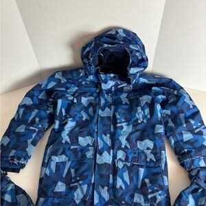 Lands' End Kids Geometric Blue Puffer Jacket (10-12) Large with gloves